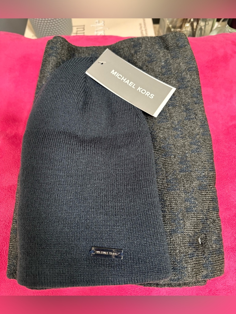 NWT Michael Kors Men's Reversible Marl Knit Beanie Hat & Scarf Set Blue/Gray,OS